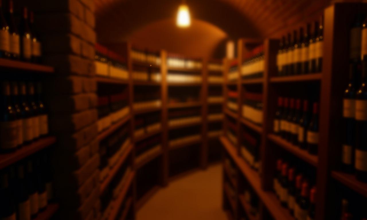 Una cantina ben fornita con bottiglie di vino illuminate da una luce calda